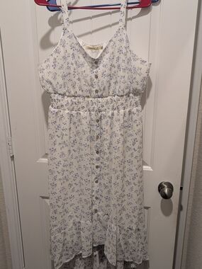 Liberty Love White Dress with Blue Floral Print and Button Front
